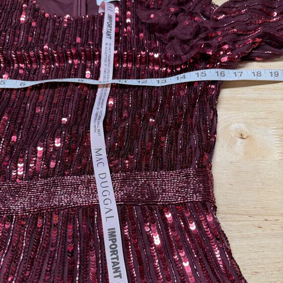 Mac Duggal NWT Red Long Sleeve Ruffle Detail Sequin Midi Dress Size 4 High Neck - Picture 7 of 10